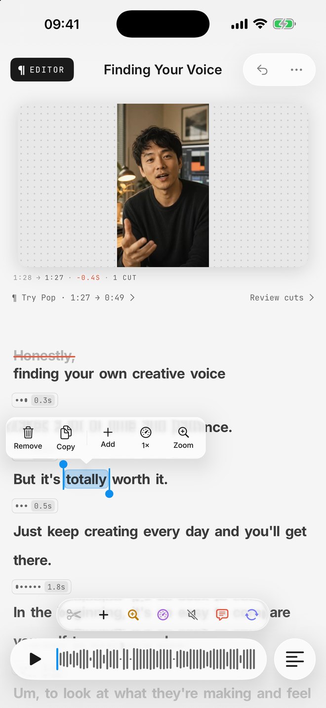 Cuts 2.8 for iPhone: a word selected on the page, the verbs over it