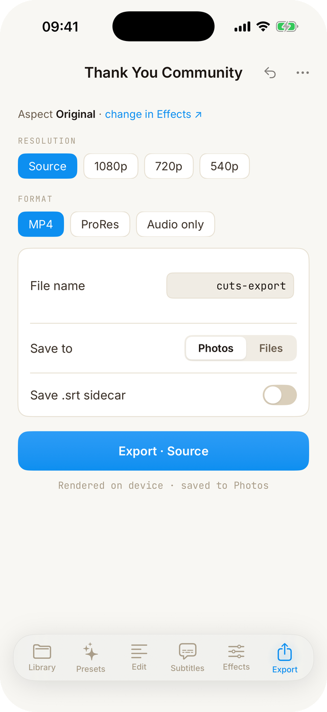 Cuts for iPhone — export to Photos or Files