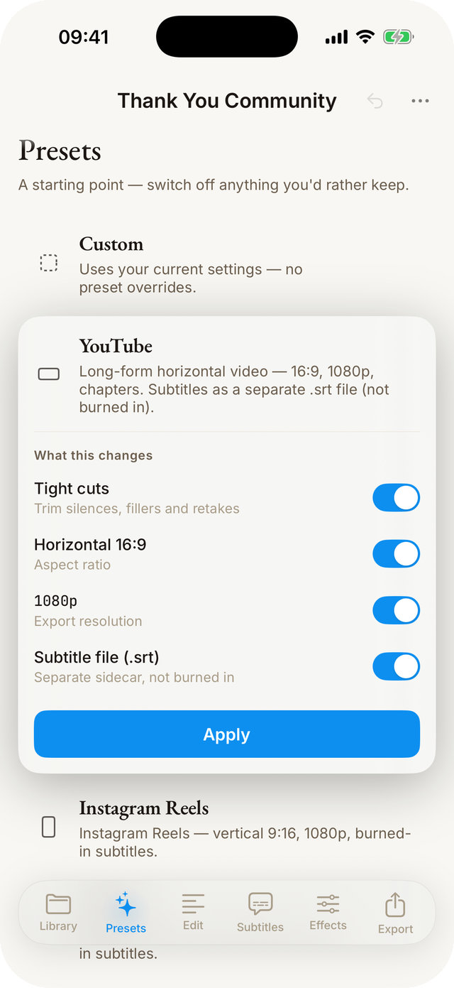 Cuts for iPhone — TikTok preset with tight cuts, vertical 9:16, burned-in captions
