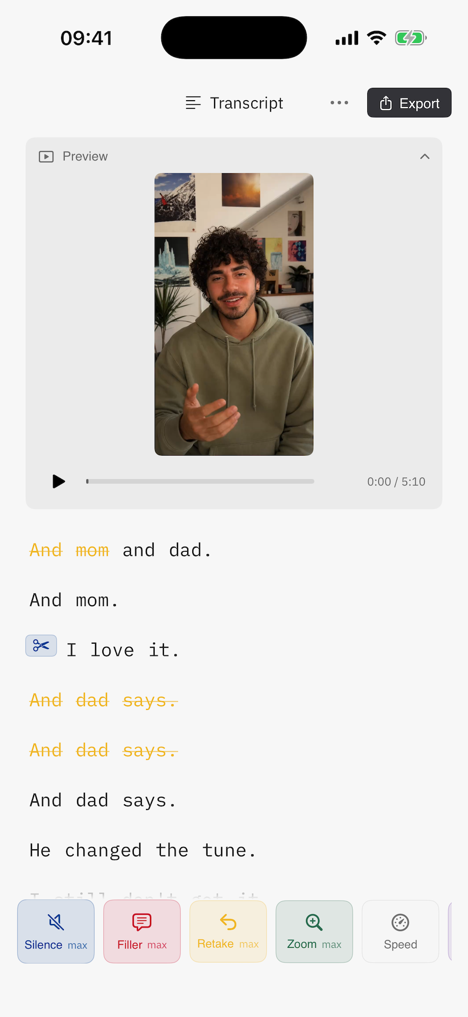 Cuts Mobile transcript view with preview at top, dark mode