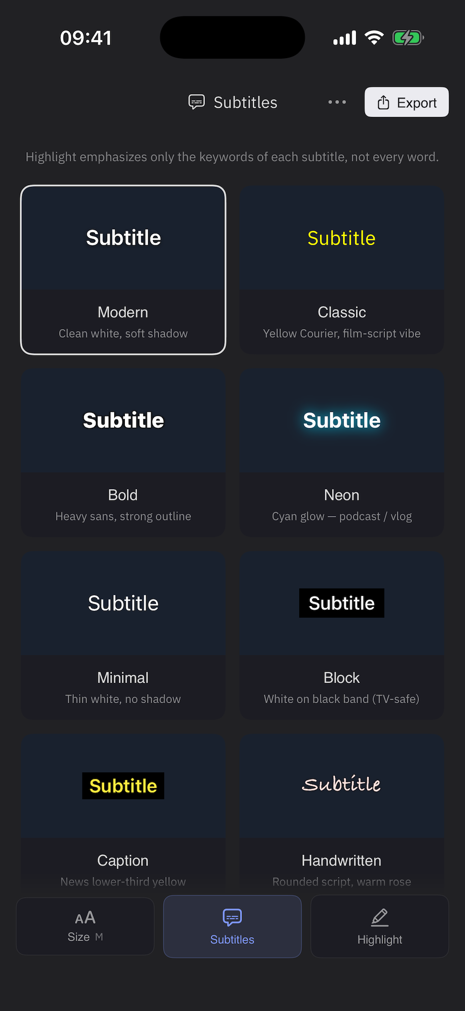 Cuts Mobile subtitles tab with style cards