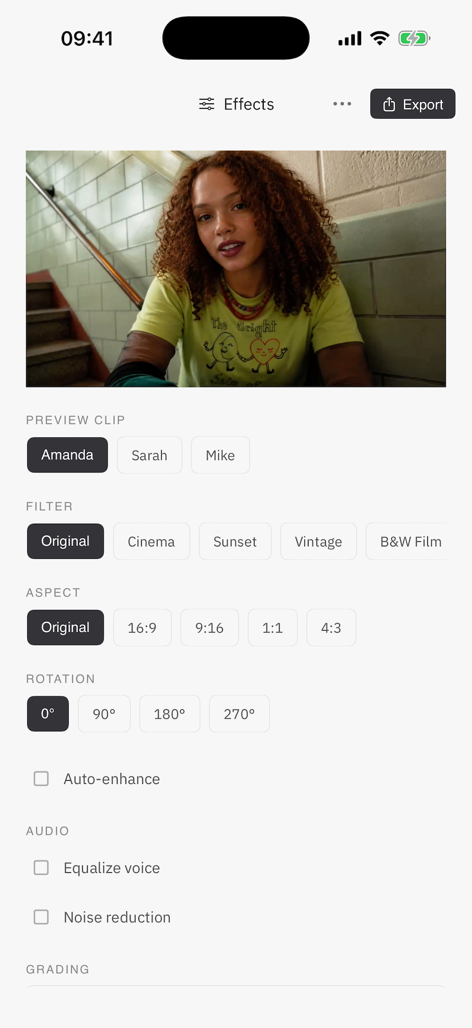 Cuts Mobile effects screen with filter, aspect, rotation, audio toggles