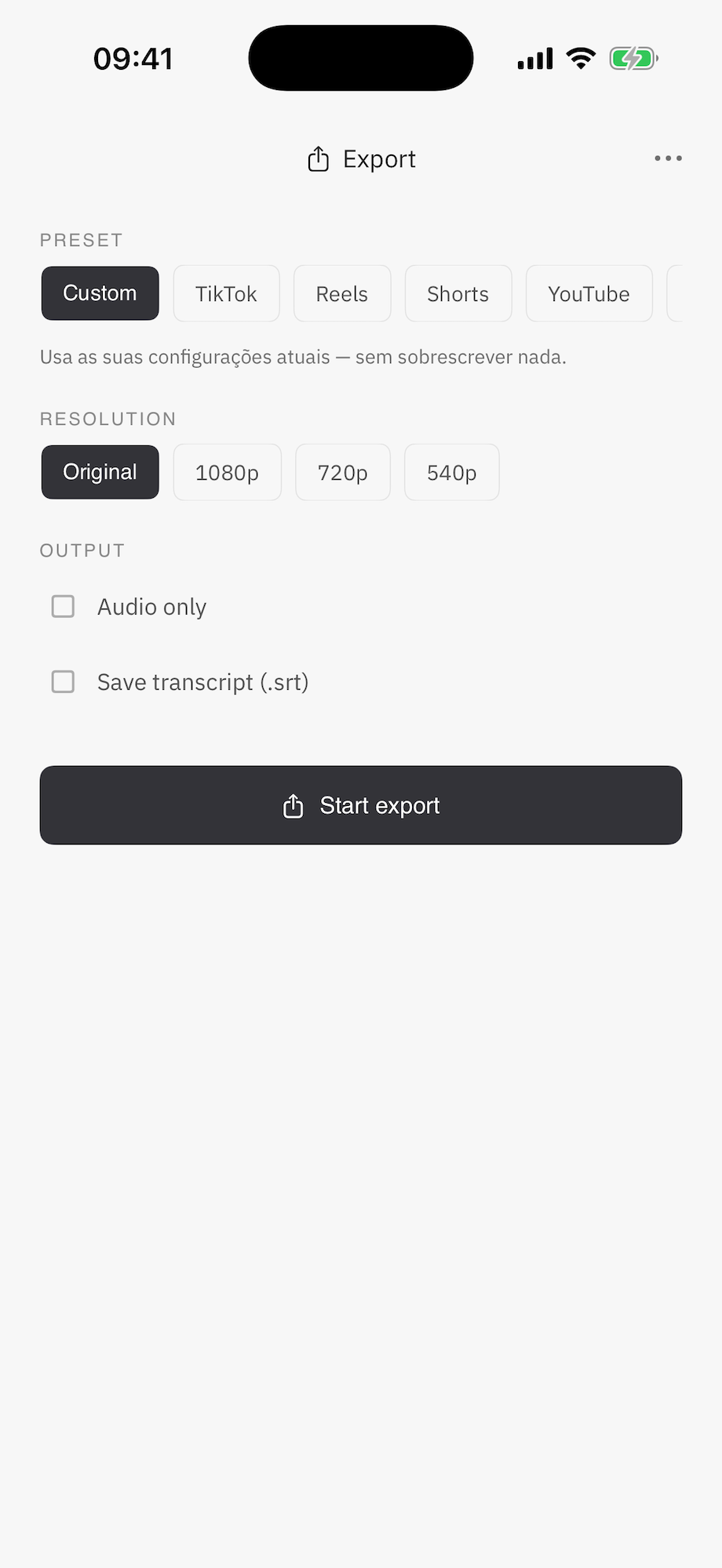 Cuts Mobile export screen with preset chips, resolution chips, and toggles