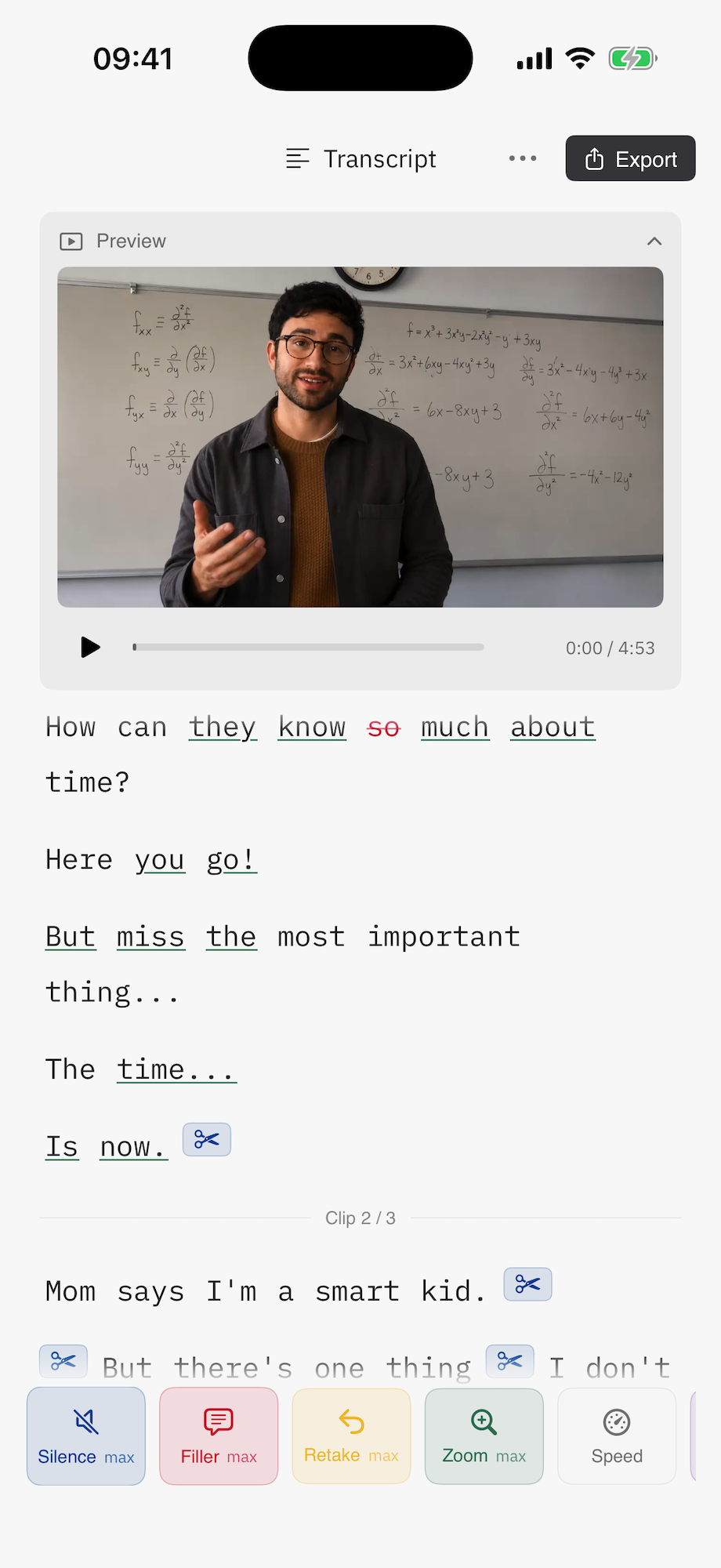 Cuts Mobile preview with cut tags on the transcript below
