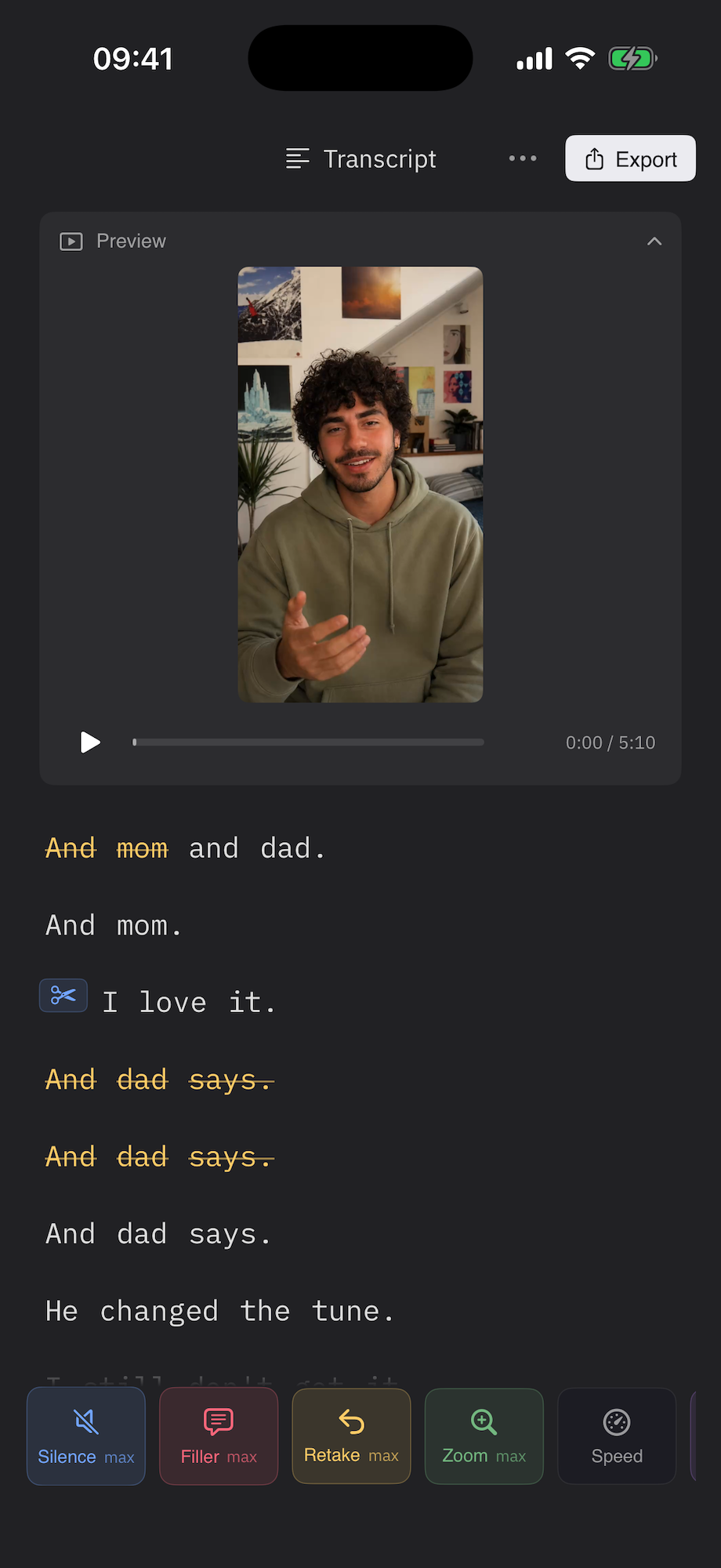Cuts Mobile transcript after a take is captured