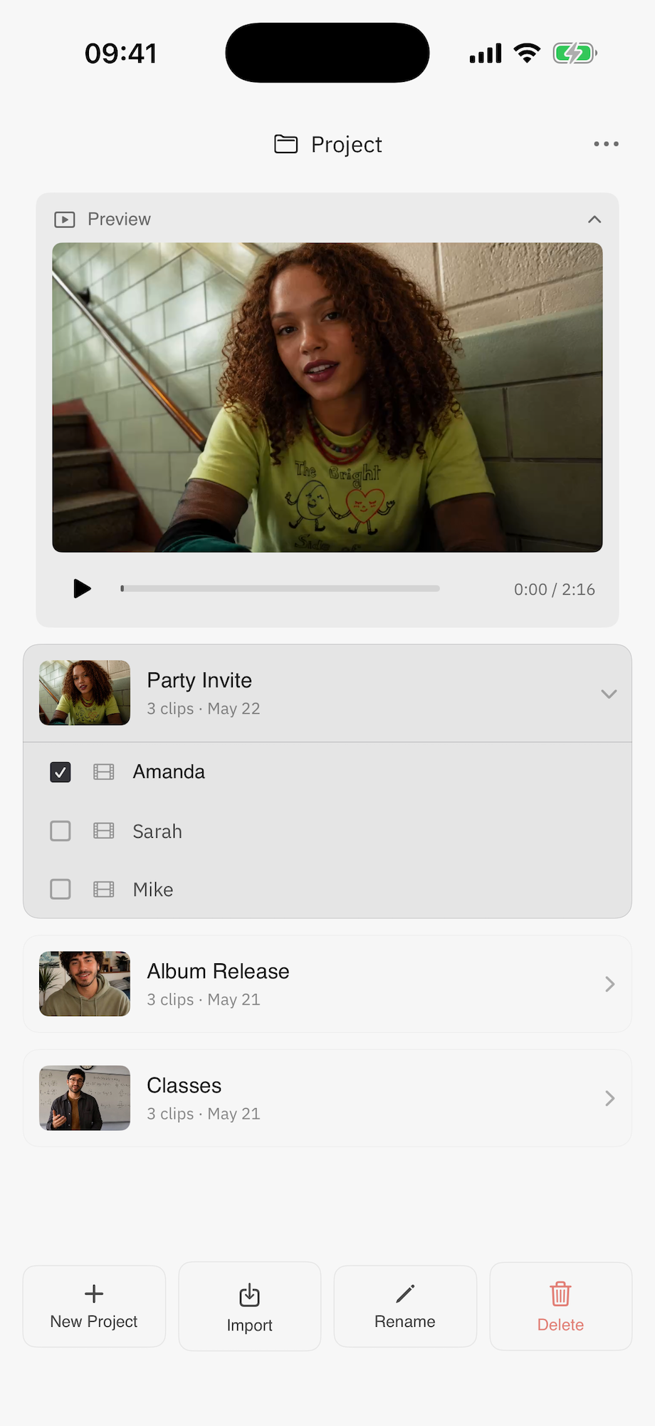 Cuts Mobile Projects screen — projects list with expandable file rows and a preview at top