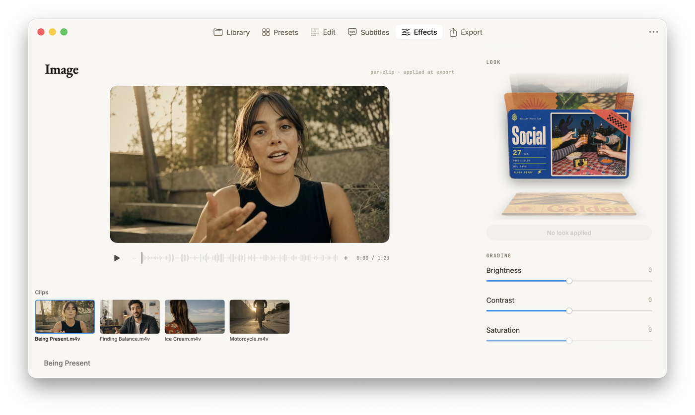 Cuts Studio Effects tab — a drawer of film-look cards