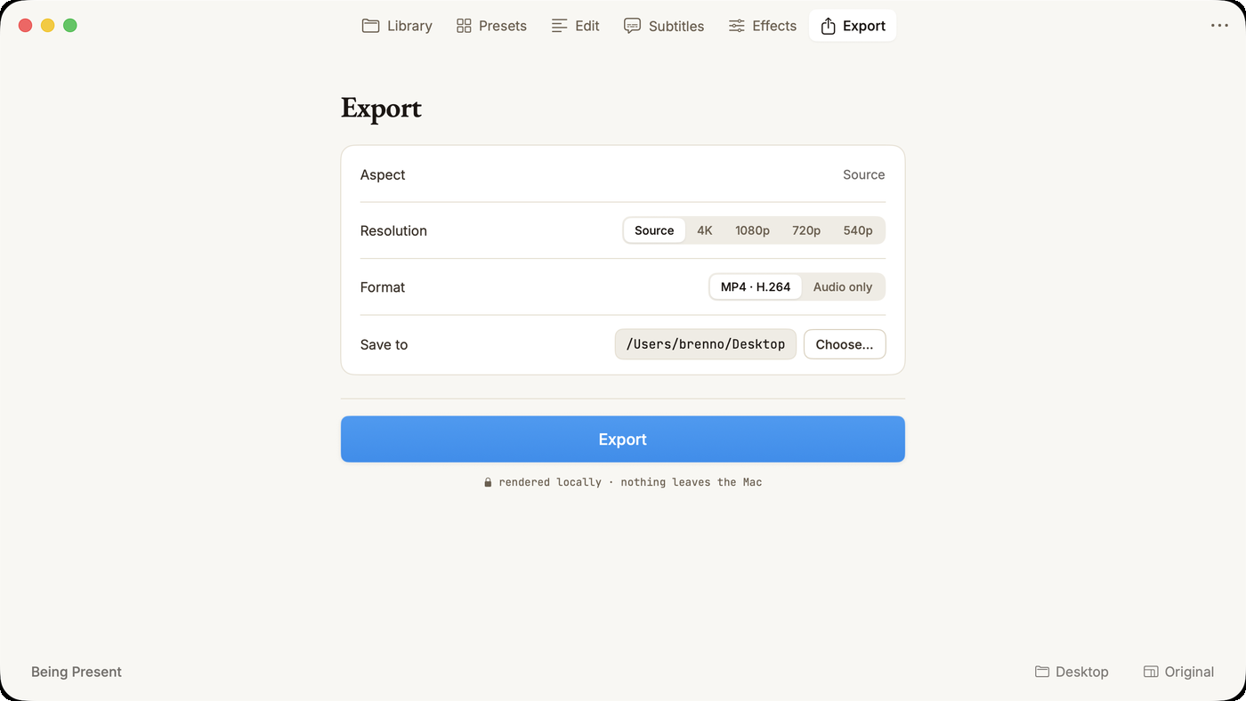 Cuts Studio Export sheet — resolution, format, destination