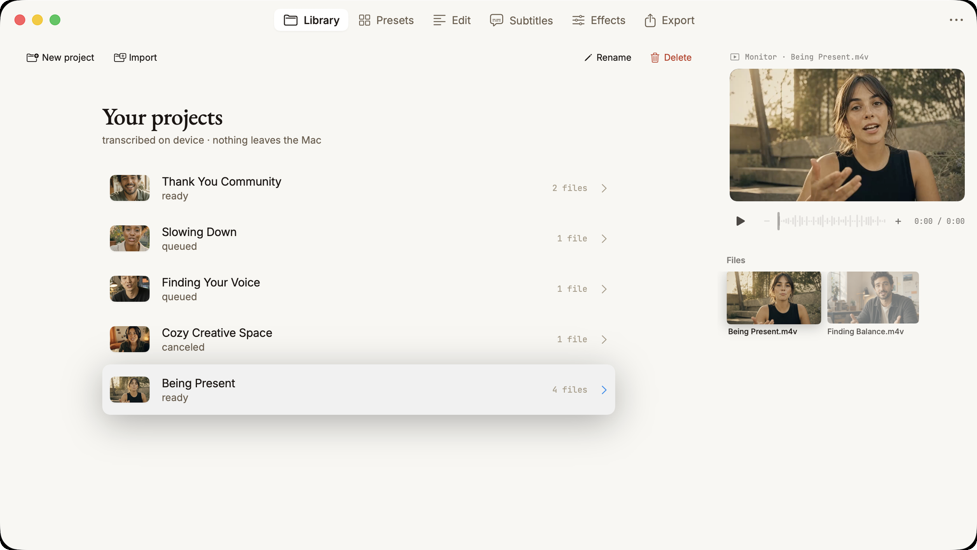 Cuts Studio Library — your projects, transcribed on device