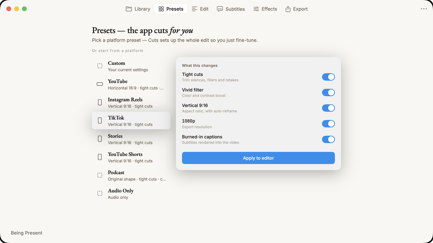Cuts Studio Presets — the app cuts for you, per platform