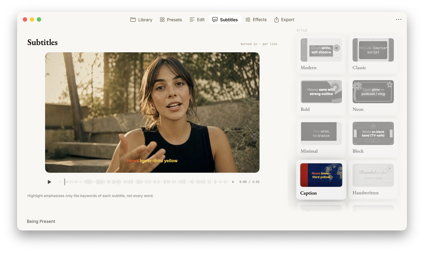 Cuts Studio Subtitles tab — style cards over the live preview