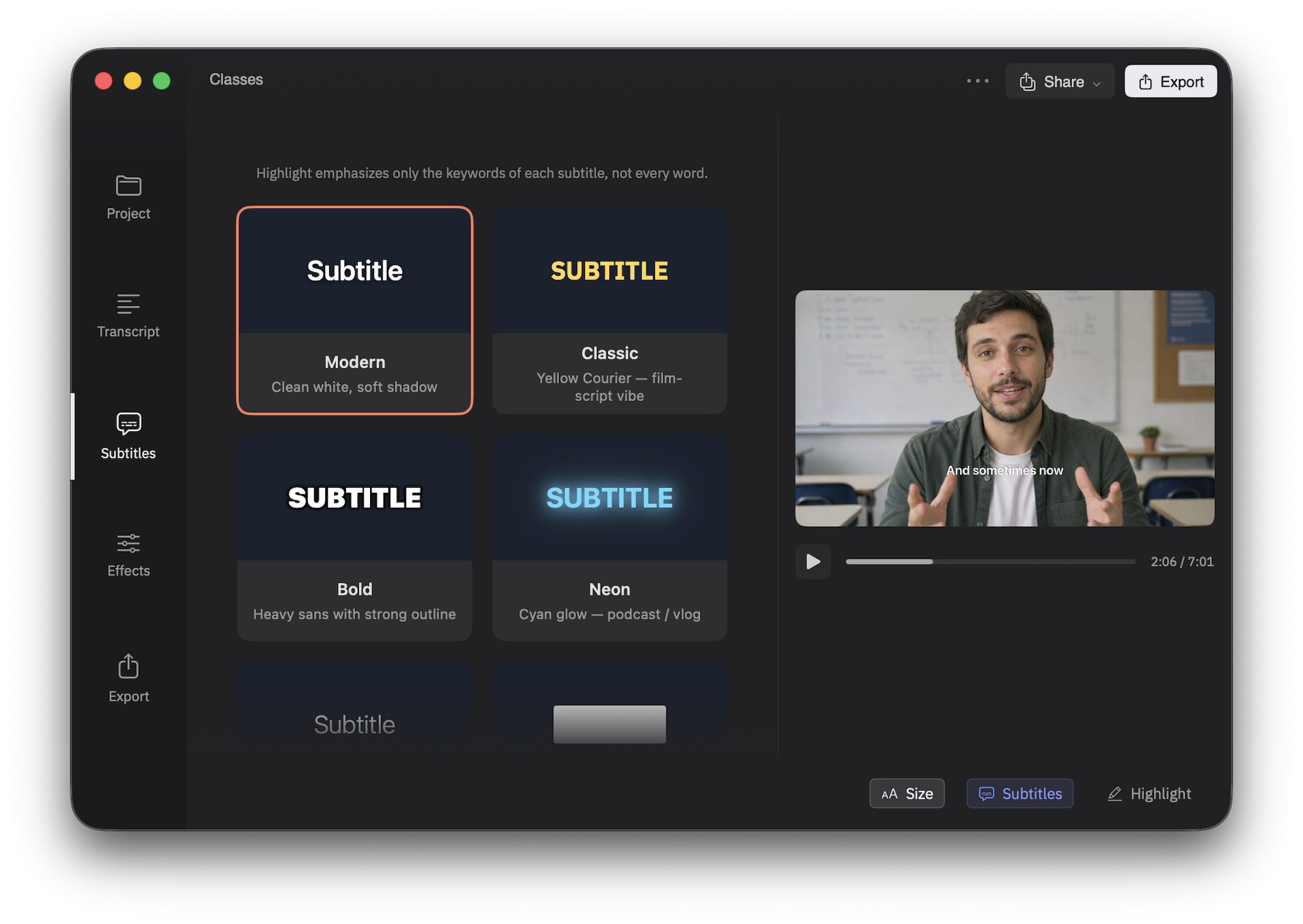 Cuts Studio subtitles tab with style cards