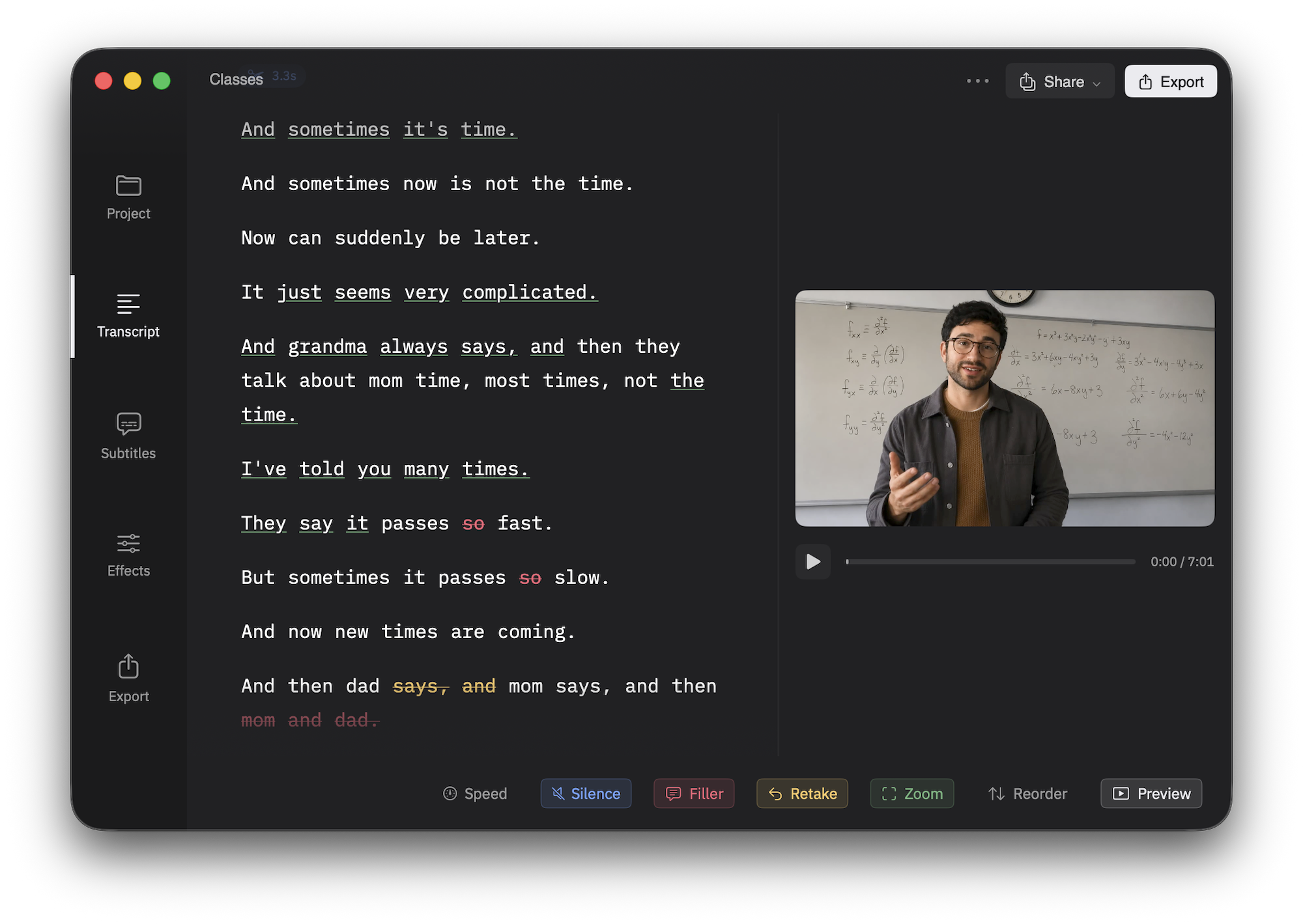 Cuts Studio transcript view with live preview pane