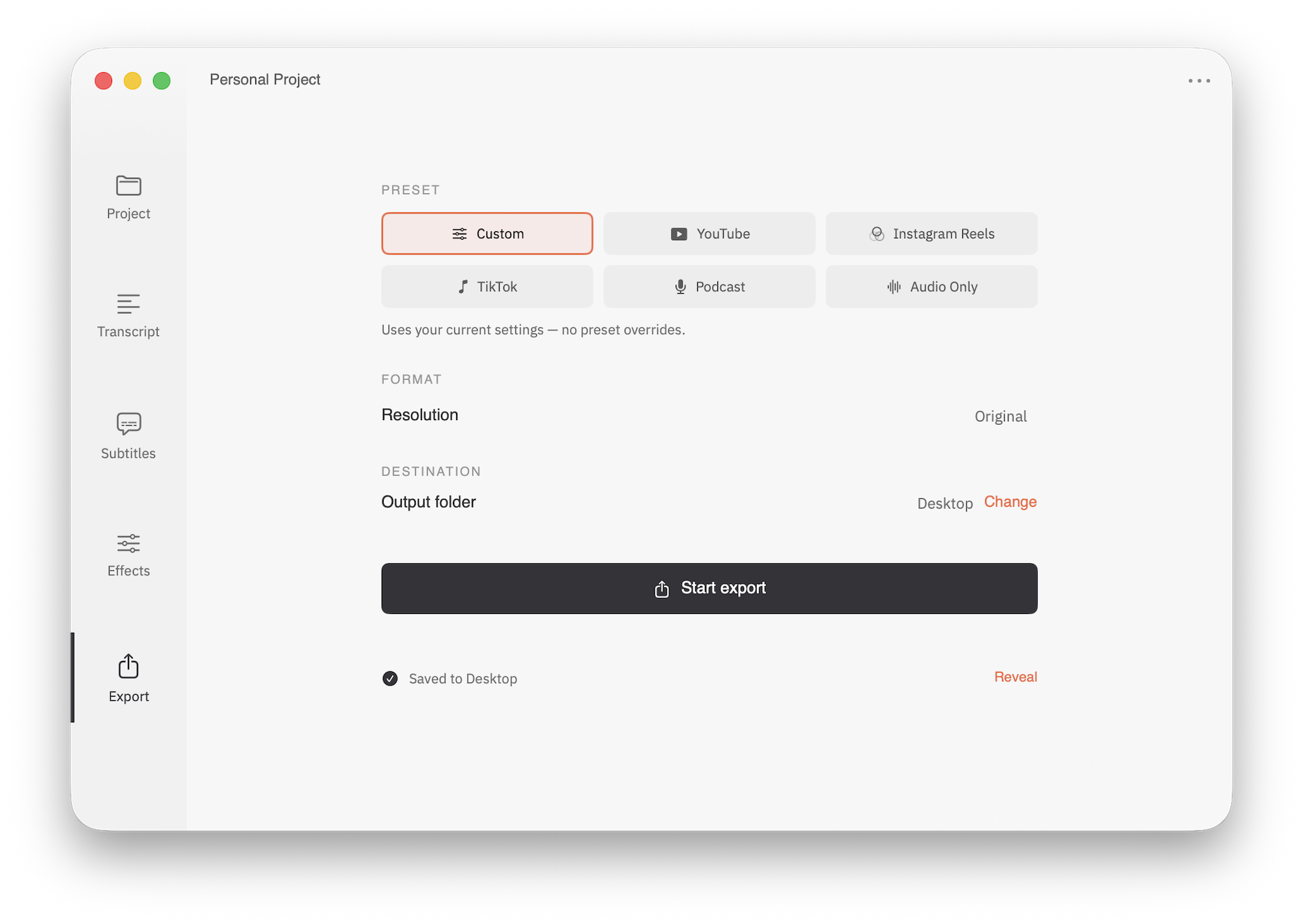 Cuts Studio export tab with preset grid