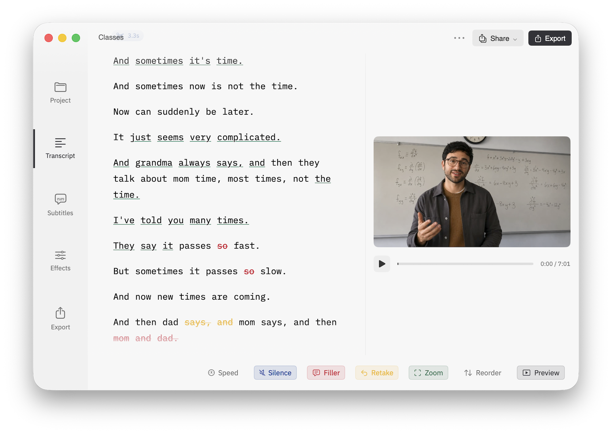 Cuts Studio transcript with live preview, light mode