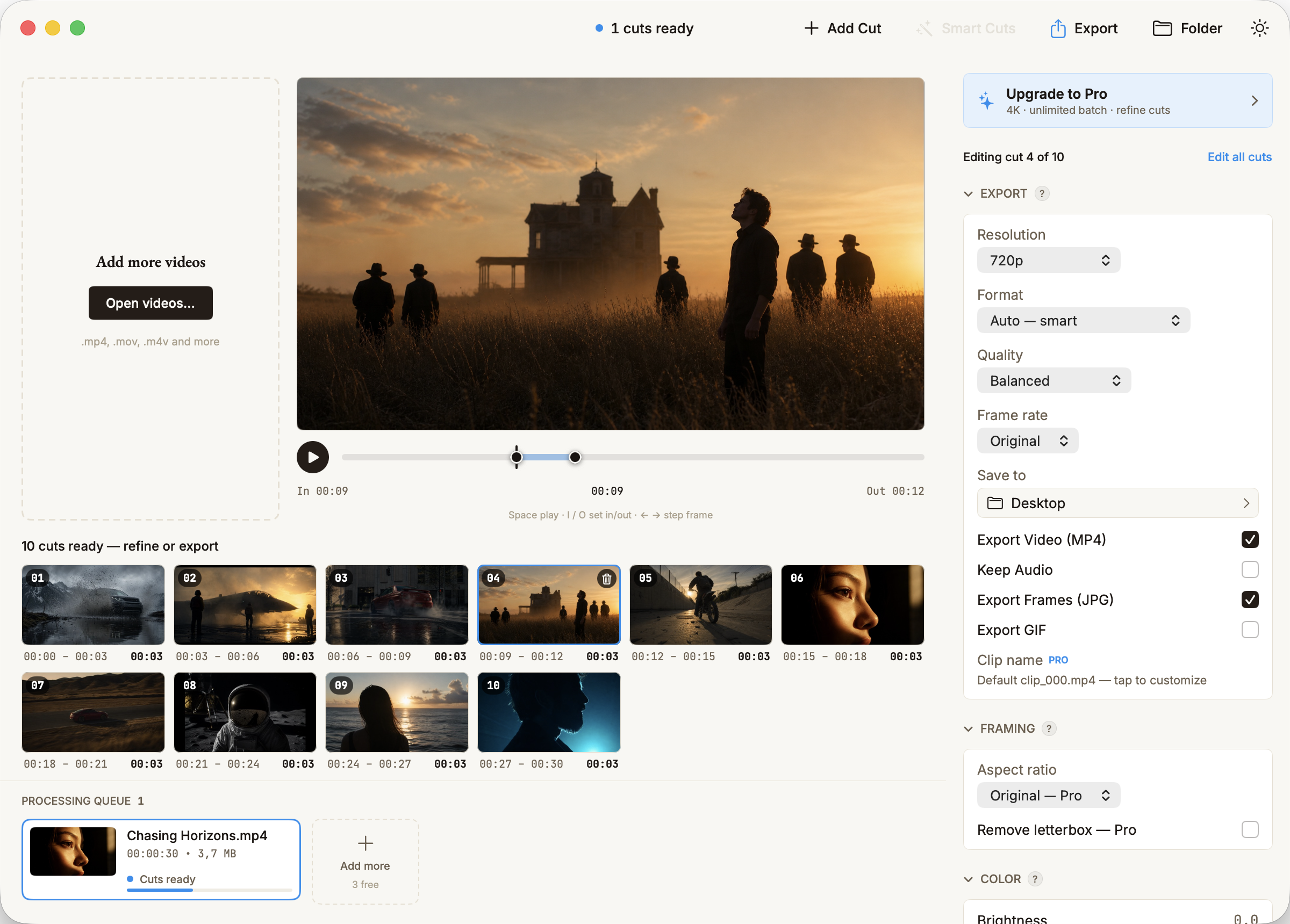 Splits export controls — resolution, format, quality and frame rate