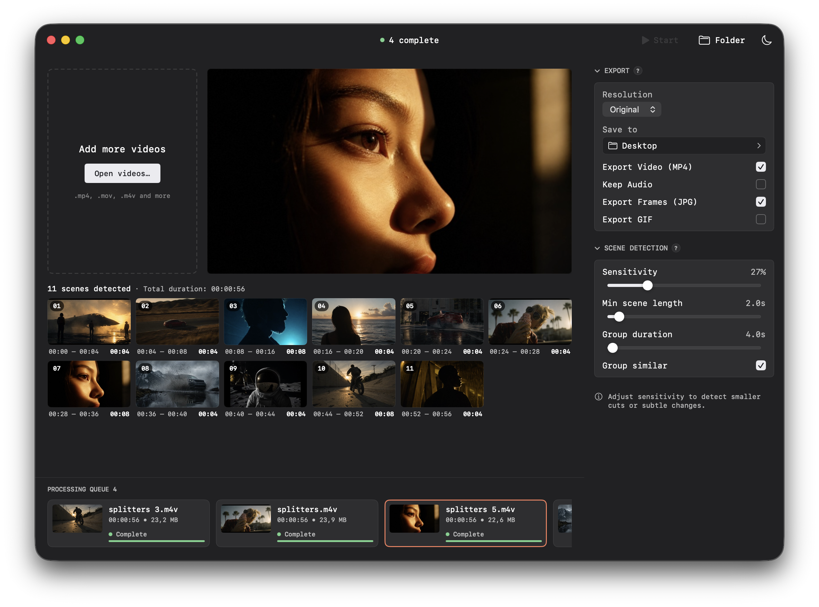 Splits Studio scene detection sliders